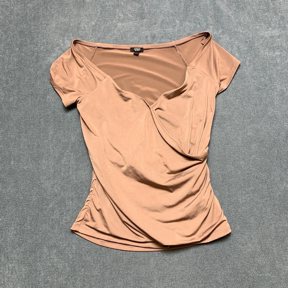 Express Body Contour Wrap Top Womens M Brown Stretch Cinched Side Surplice Neck